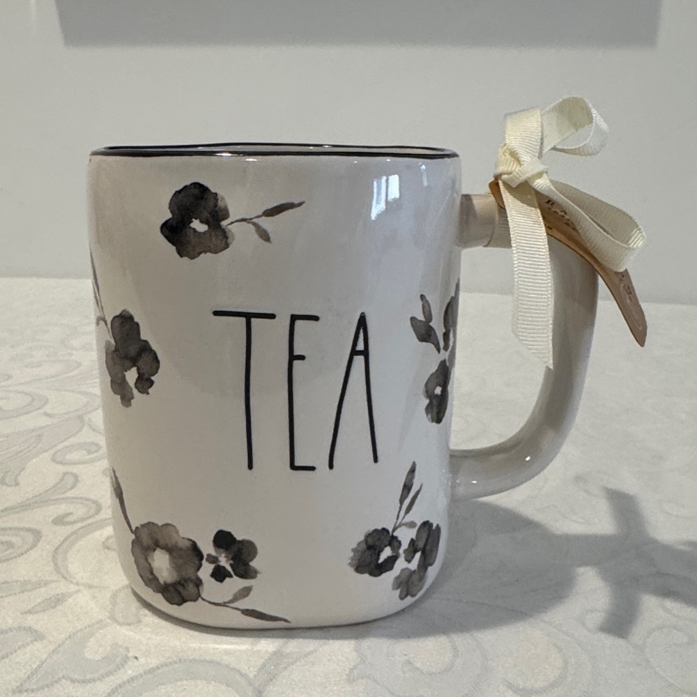 Rae Dunn White Tea Mug with Black Floral Accents